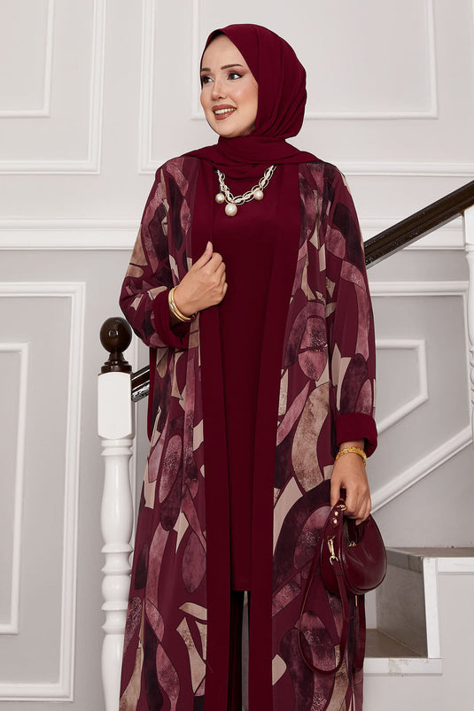 Chiffon Kimono Detailed Triple Combination Claret Red