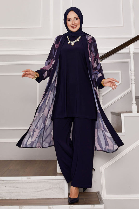 Şifon Kimono Detaylı Üçlü Kombin Lacivert