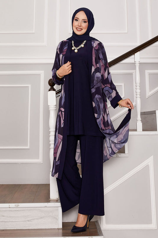 Şifon Kimono Detaylı Üçlü Kombin Lacivert