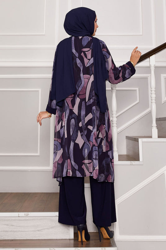 Şifon Kimono Detaylı Üçlü Kombin Lacivert