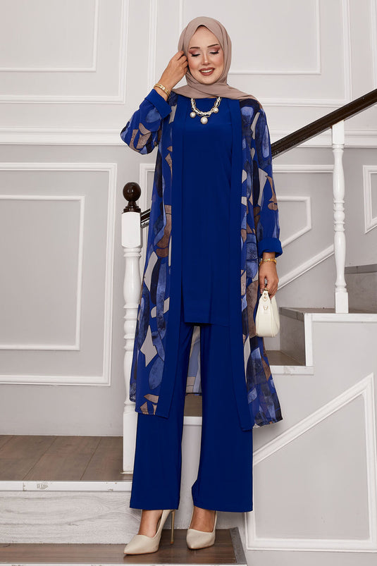 Chiffon Kimono Detailed Triple Combination Saxe