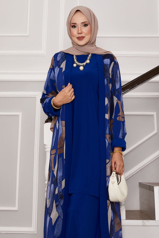 Chiffon Kimono Detailed Triple Combination Saxe