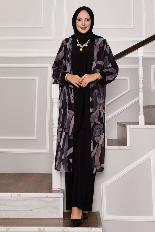 Chiffon Kimono Detailed Three-Piece Outfit Black