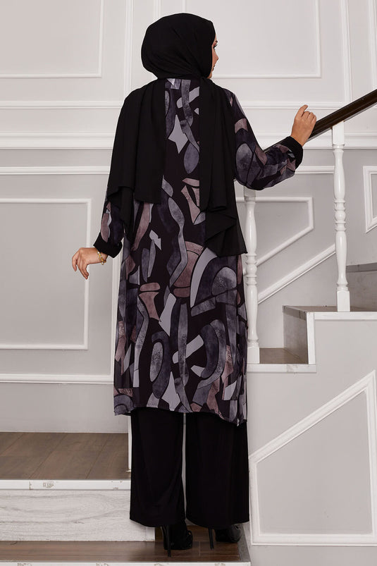 Chiffon Kimono Detailed Three-Piece Outfit Black