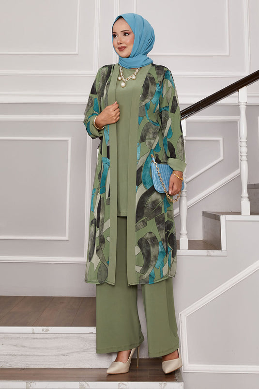 Chiffon Kimono Detailed Triple Combination Oil Green