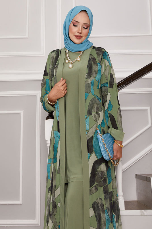 Chiffon Kimono Detailed Triple Combination Oil Green