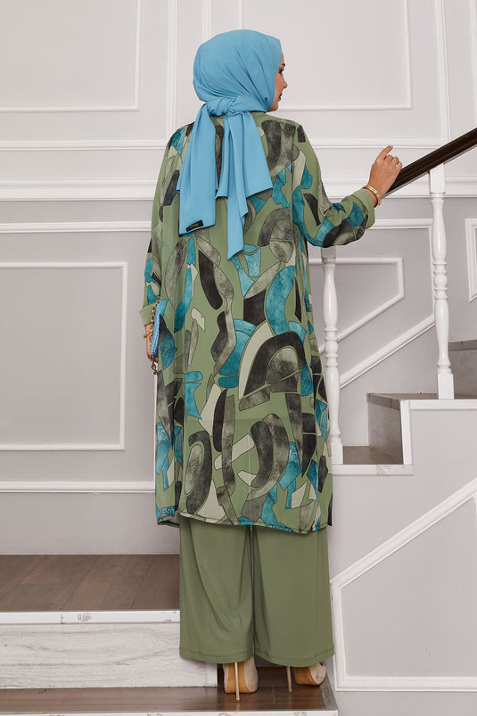 Şifon Kimono Detaylı Üçlü Kombin Yağ Yeşil