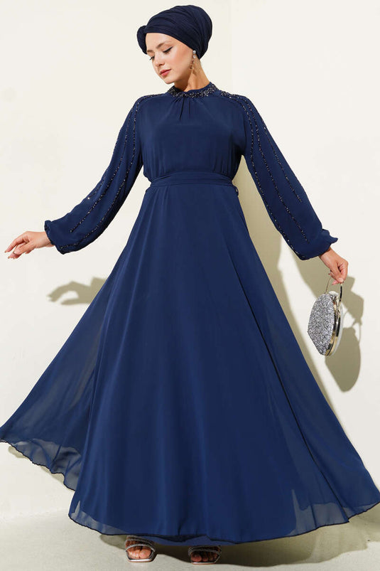 فستان سهرة شيفون بأكمام مرصعة، أزرق داكن