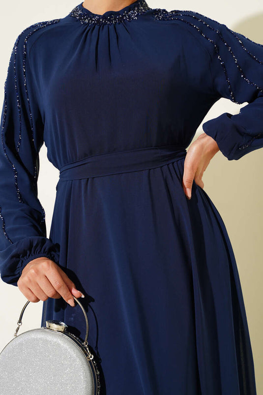 فستان سهرة شيفون بأكمام مرصعة، أزرق داكن