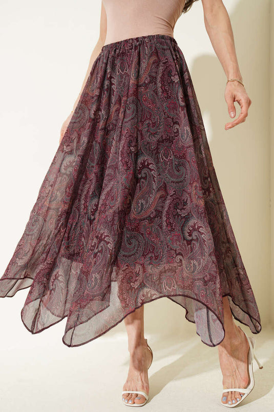 Chiffon Paisley Pattern Skirt Burgundy
