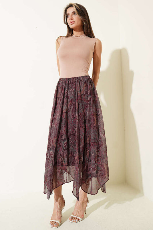 Chiffon Paisley Pattern Skirt Burgundy