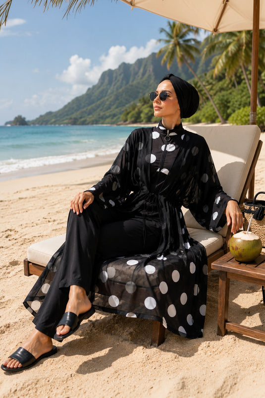 Chiffon Pareo Mit Verstellbarem Bund Und Modischer Badeanzug Mit Punkten
