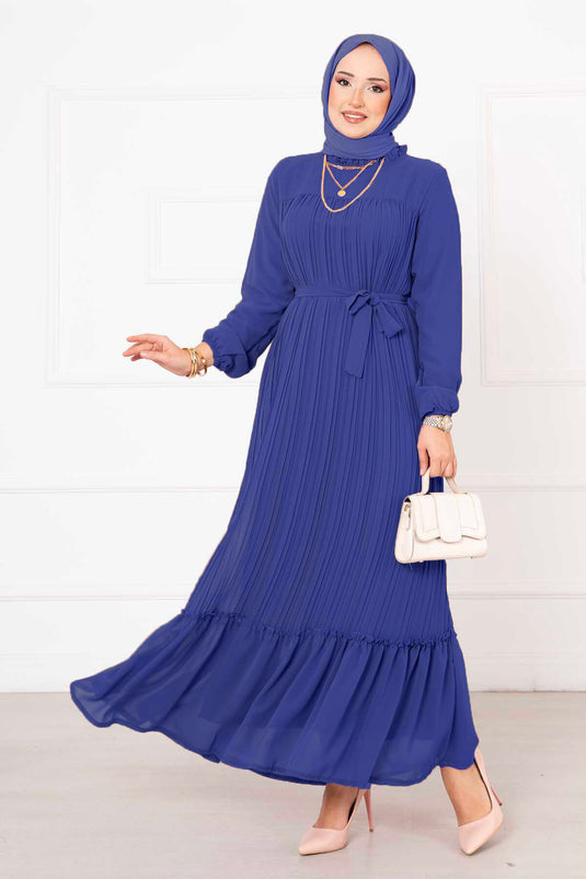 Belted Pleated Chiffon Hijab Dress Blue