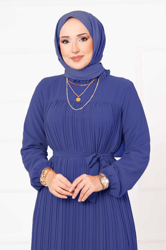 Belted Pleated Chiffon Hijab Dress Blue