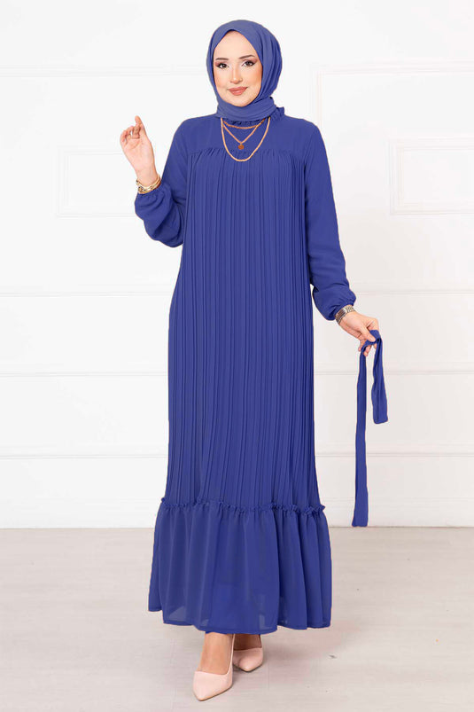 Belted Pleated Chiffon Hijab Dress Blue