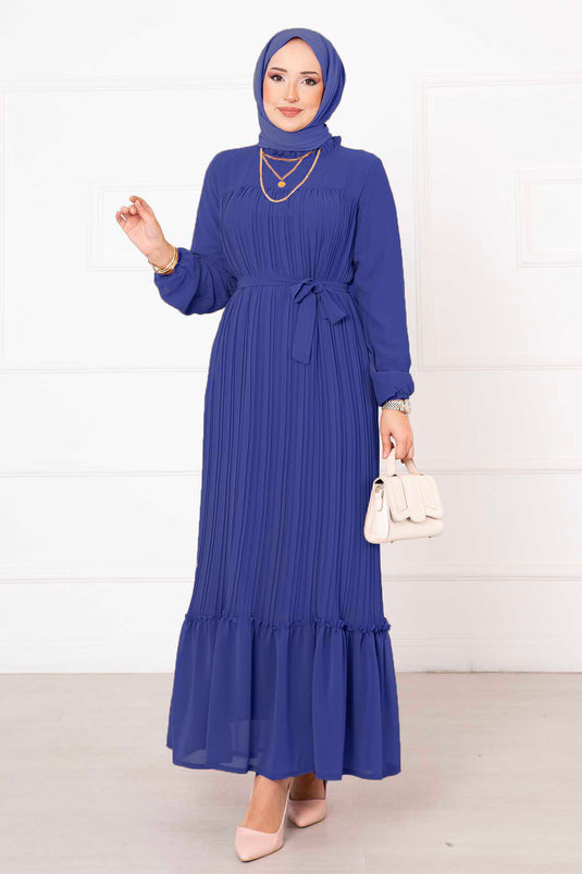 Belted Pleated Chiffon Hijab Dress Blue