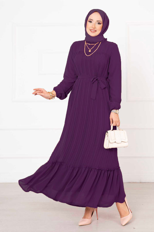 Belted Pleated Chiffon Hijab Dress Purple