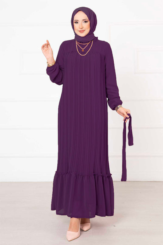 Belted Pleated Chiffon Hijab Dress Purple