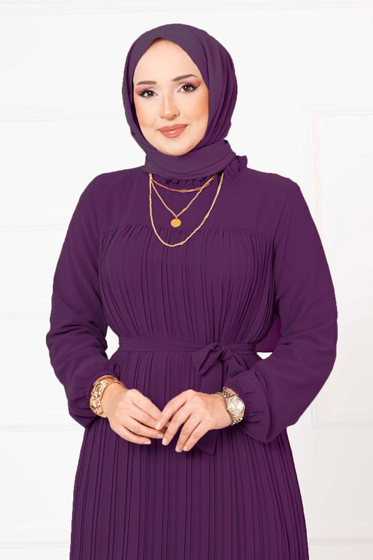 Belted Pleated Chiffon Hijab Dress Purple