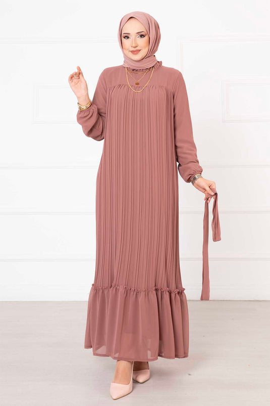 Robe modeste plissée en mousseline de soie rose poudré