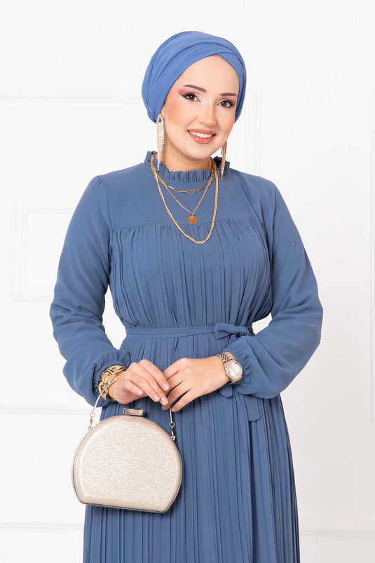 Robe Hijab plissée en mousseline de soie indigo