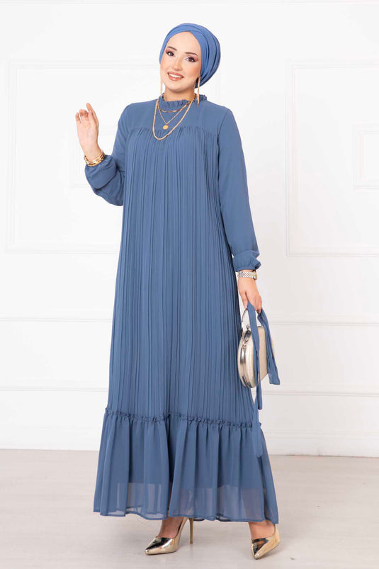 Robe Hijab plissée en mousseline de soie indigo