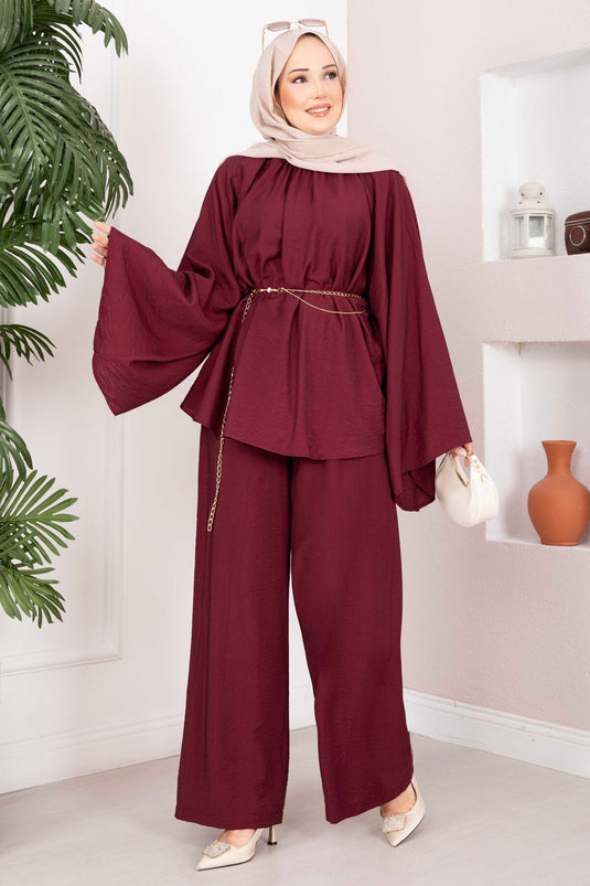 Şık Zincir Kemerli Tunik Pantolon Takım Bordo