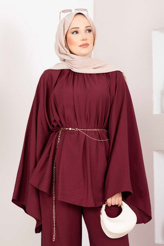 Şık Kolyeli Tunik Pantolon Takım Bordo