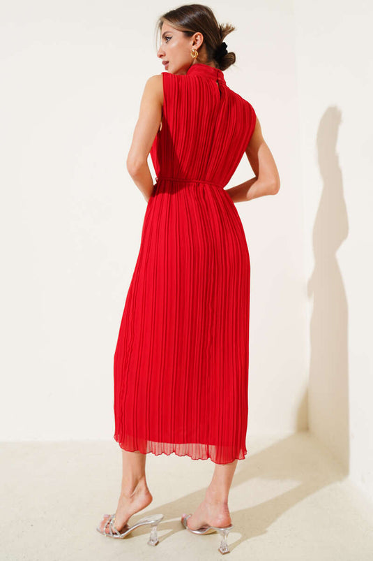 Ärmelloses, plissiertes Midikleid Rot