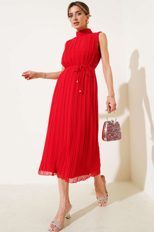 Ärmelloses, plissiertes Midikleid Rot