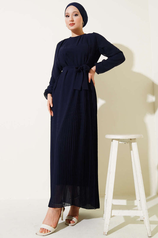 Pleated Chiffon Dress Navy Blue
