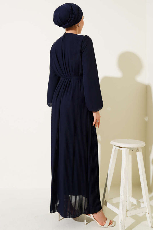 Pleated Chiffon Dress Navy Blue