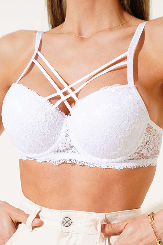 حمالة صدر متقاطعة من الدانتيل مبطنة بالسيليكون باللون الأبيض