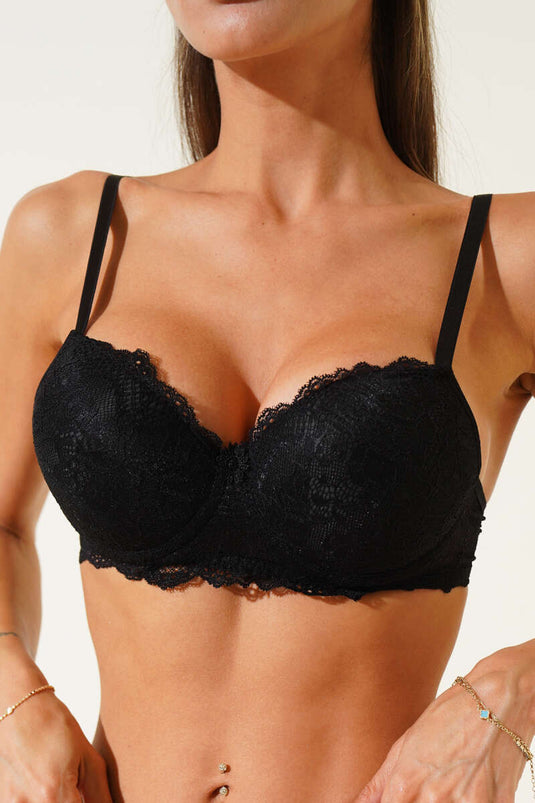 Silikonlu Destekli Dantelli Sütyen Siyah