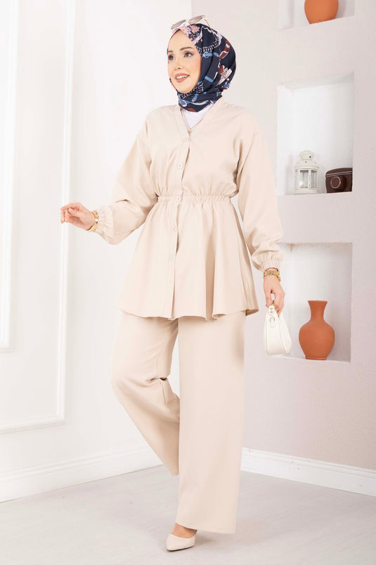 Silva White Gathered Tunic Set Beige