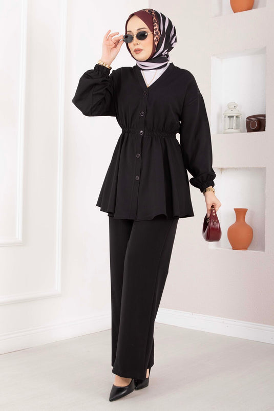 Silva White Gathered Tunic Set Black