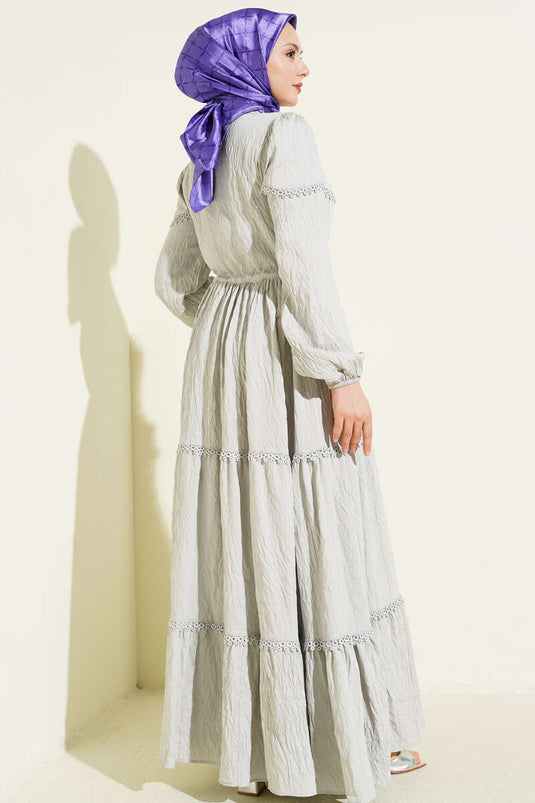 Sim Çizgili Güpür Detaylı Elbise Gri