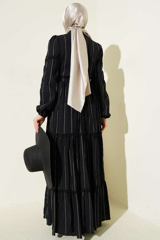 Sim Çizgili Güpür Detaylı Elbise Siyah