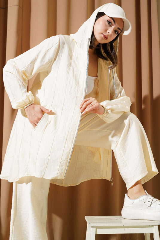 Glitter Striped Hooded Two Piece Suit Cream