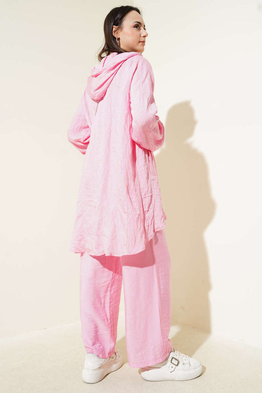 Ensemble deux pièces à capuche et rayures pailletées rose