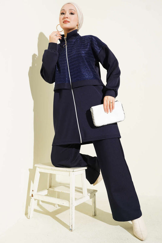 Sim Detail Zweiteiliges Scuba-Set mit Reißverschluss, Marineblau