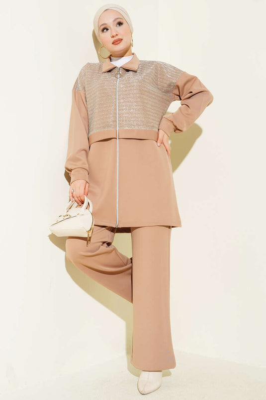 Ensemble deux pièces de plongée à fermeture éclair Sim Detail Latte