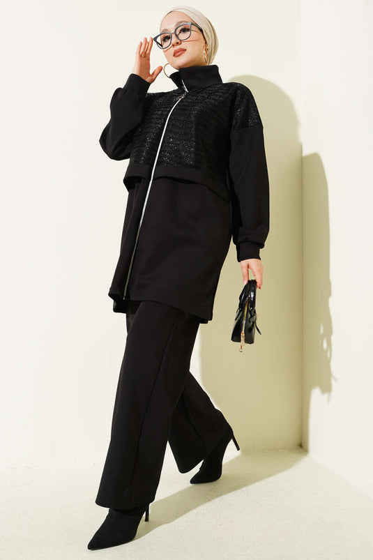 Ensemble deux pièces de plongée à fermeture éclair et détails pailletés, noir