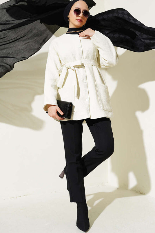 Sim Detaylı Kuşaklı Ceket Ekru
