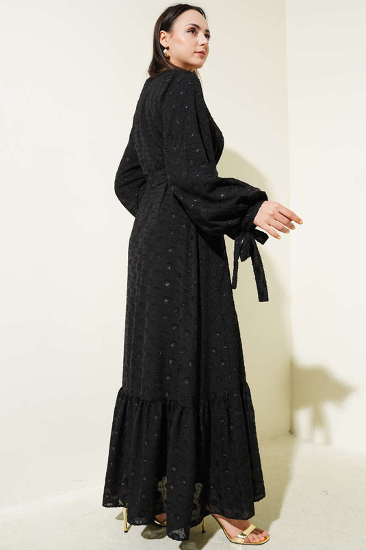 Abito con cintura e balze a pois glitterati, nero