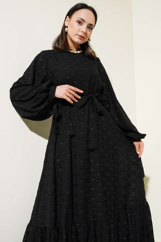 Abito con cintura e balze a pois glitterati, nero