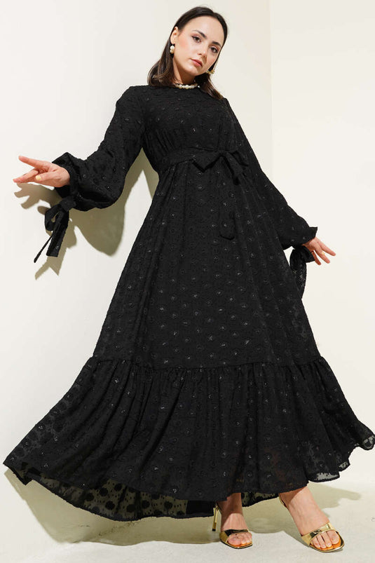 Abito con cintura e balze a pois glitterati, nero