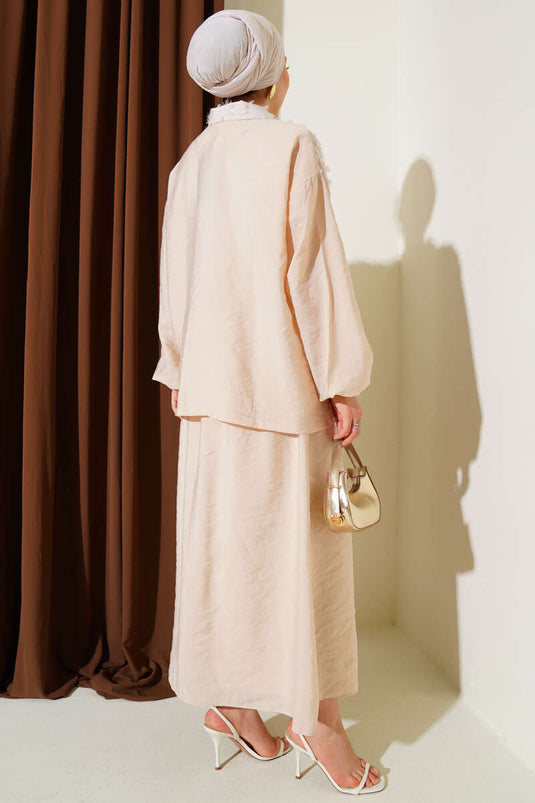 Glitter Tassel Detailed Skirted Two-Piece Suit Beige