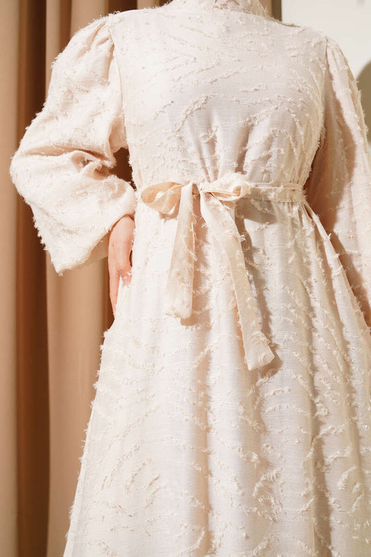 Glitter Bearded Balloon Sleeve Belted Dress Beige