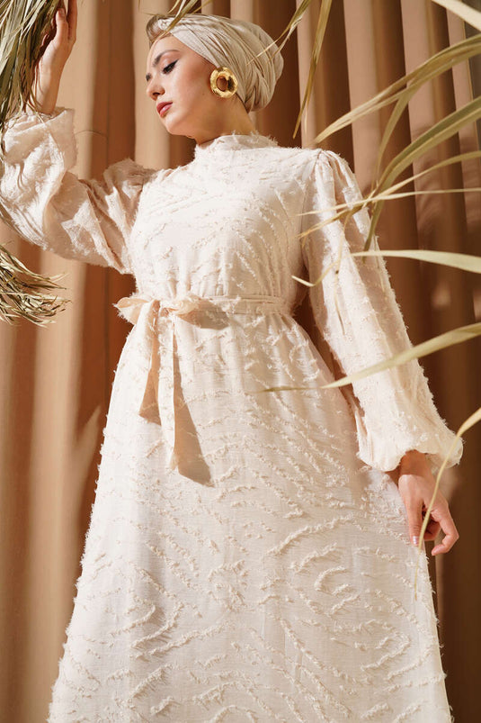 Glitter Bearded Balloon Sleeve Belted Dress Beige